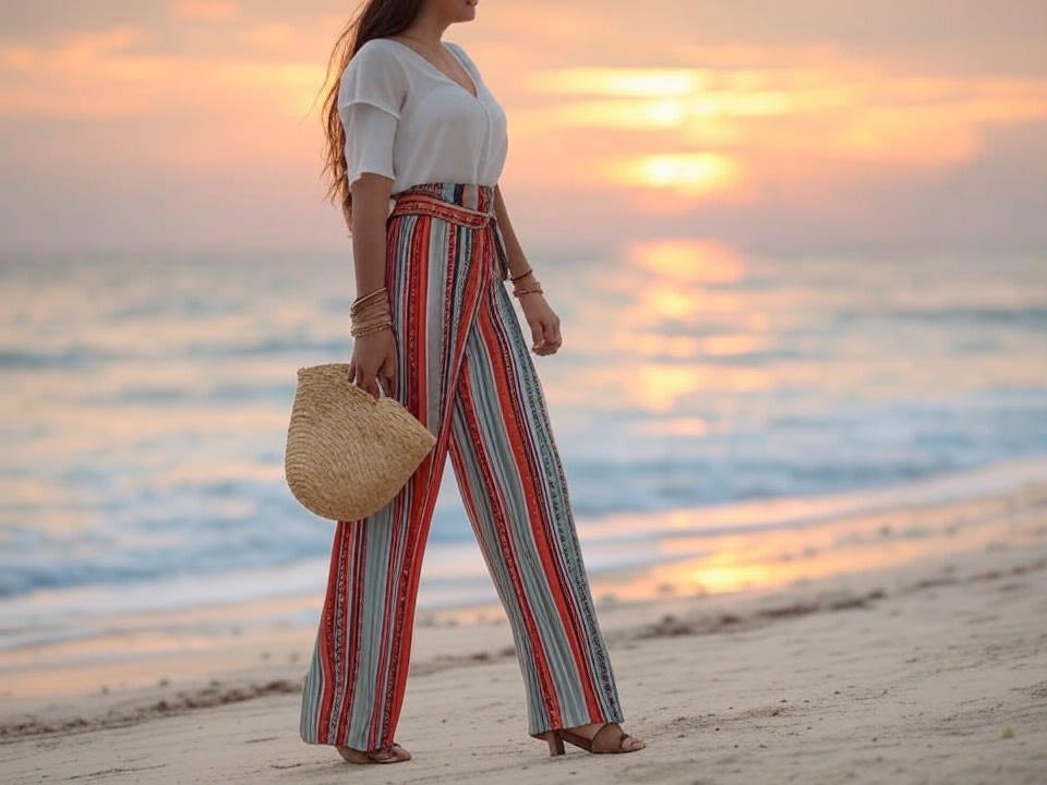 Perfeo Lace-Up Geometric Wide-Leg Pants-Boho High Waist
