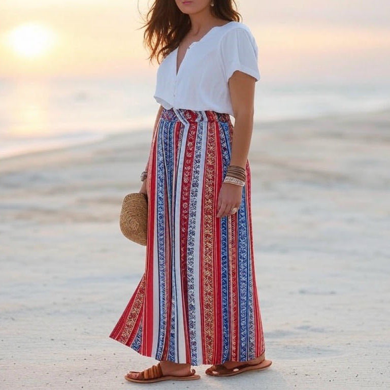 Perfeo Lace-Up Geometric Wide-Leg Pants-Boho High Waist